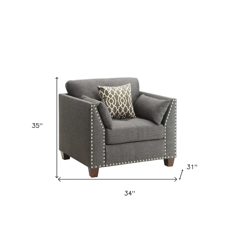 34 Inch Charcoal Linen Arm Chair with Brown Accents and Toss Pillows - 34” x 31” x 35”