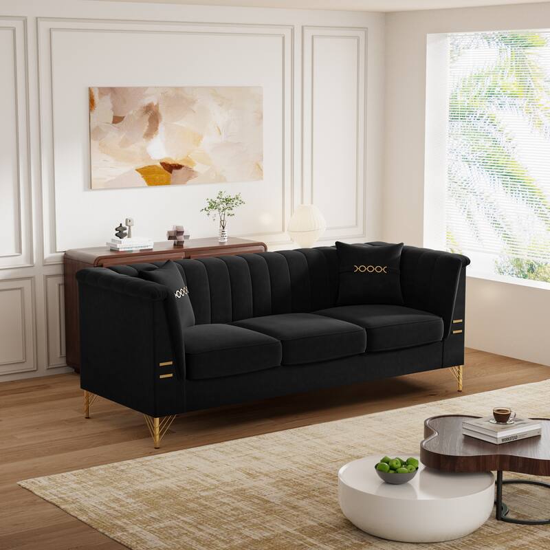 82.67" Modern Velvet 3-Seater Sofa, Vertical Channel Tufted Backrest, Gold Metal Legs, Chesterfield Style
