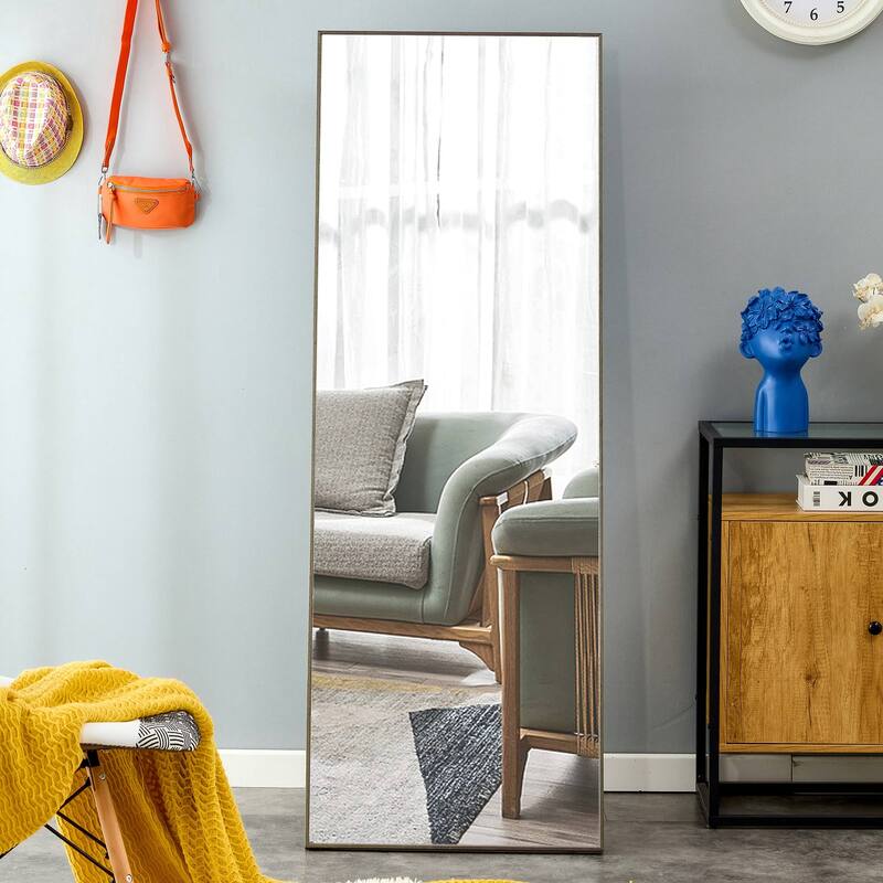 Roomfitters Full Body Mirror with Gray Solid Wood Frame, Floor or Wall Mounted Dressing Mirror for Bedroom, Gray