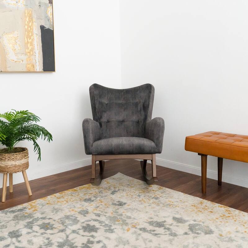 Solid Wood Rocking Chair with Stain Resistant Fabric in Brown and Dark Gray, 36x26x36.5 inches for Living Room, Nursery