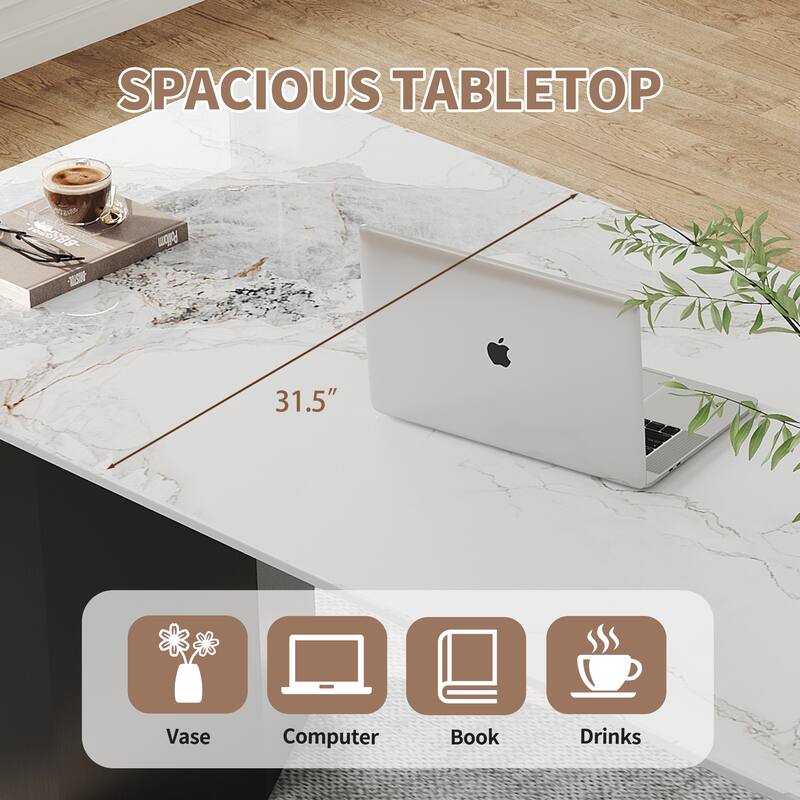 63" Modern Rectangular Writing Desk, Glossy White Sintered Stone Top, Black Stainless Steel Double Base