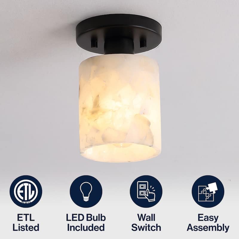 Hadley 5.13" 1-Light Modern Contemporary Alabaster/Iron Cylinder LED Semi Flush Mount, White Marbling/Brass Gold by JONATHAN Y