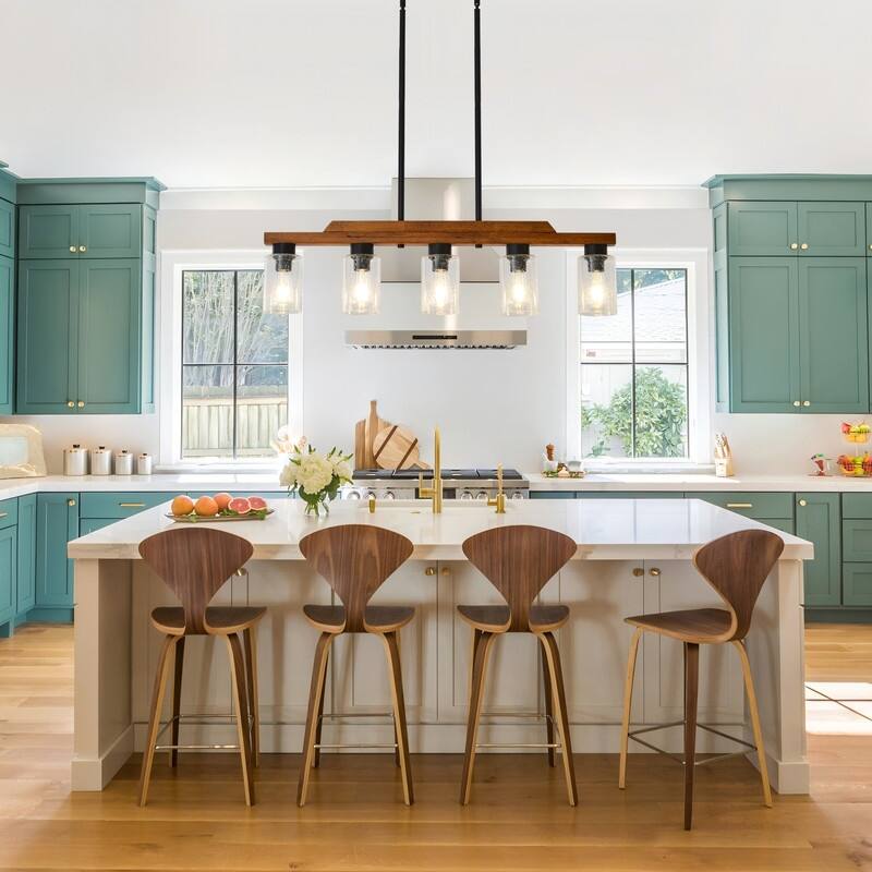 Farmhouse Chandelier for Dining Room Kitchen Island Rustic Wood Linear Pendant Light with Seed Glass Shade