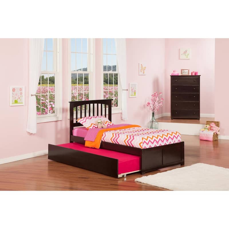 Full Platform Bed with Trundle - Twin Size, Urban Chic Design, Walnut Finish, Space Saving Bed Frame
