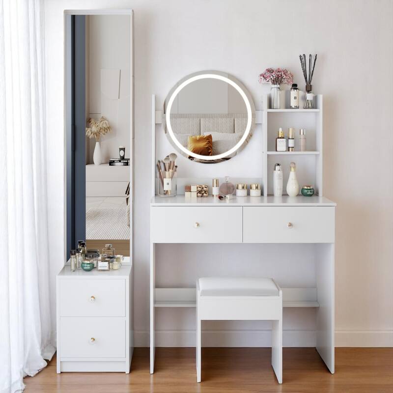 KISRAIS 43.3" Fashion Vanity Desk with Mirror and Lights, 3 Color Lighting Brightness Adjustable