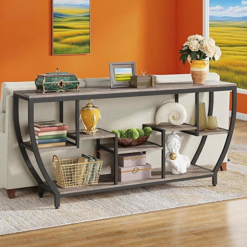 Industrial Console Table with Metal Frame 7 Staggered Shelves Entryway Sofa Hallway Table TV Stand - 70.86" x 11.81" x 35.43"