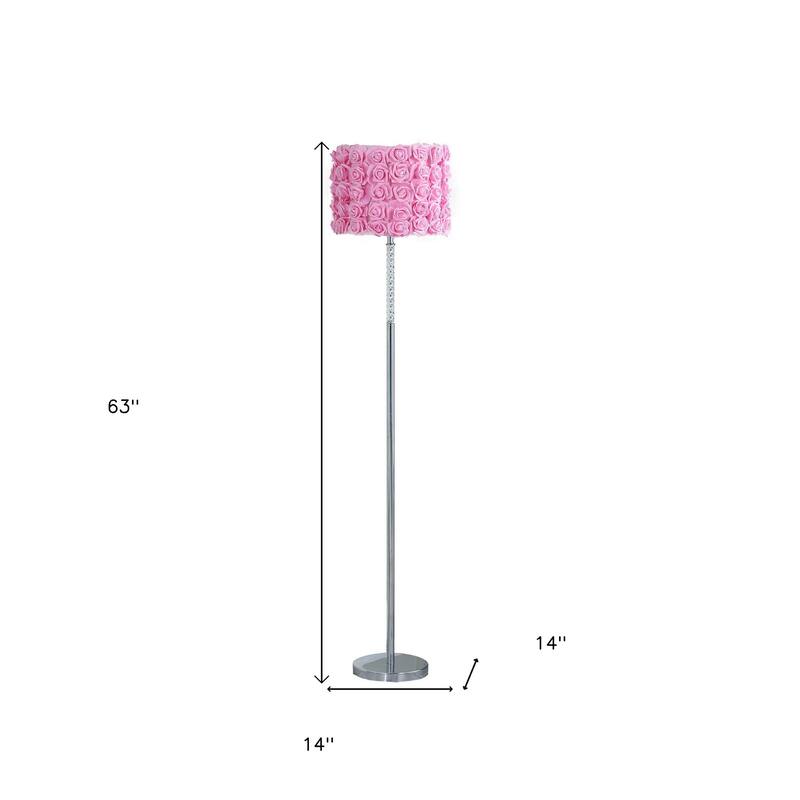 HomeRoots 63" Steel and Acrylic Floor Lamp With Pink Flowers Fabric Drum Shade - 63 X 14 X 14