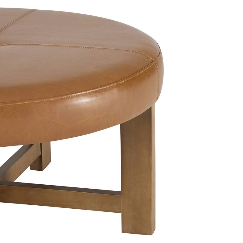 Christopher Knight Home - Marlowe Modern Round Faux Leather Ottoman Coffee Table with Tufted Top and Wood Base