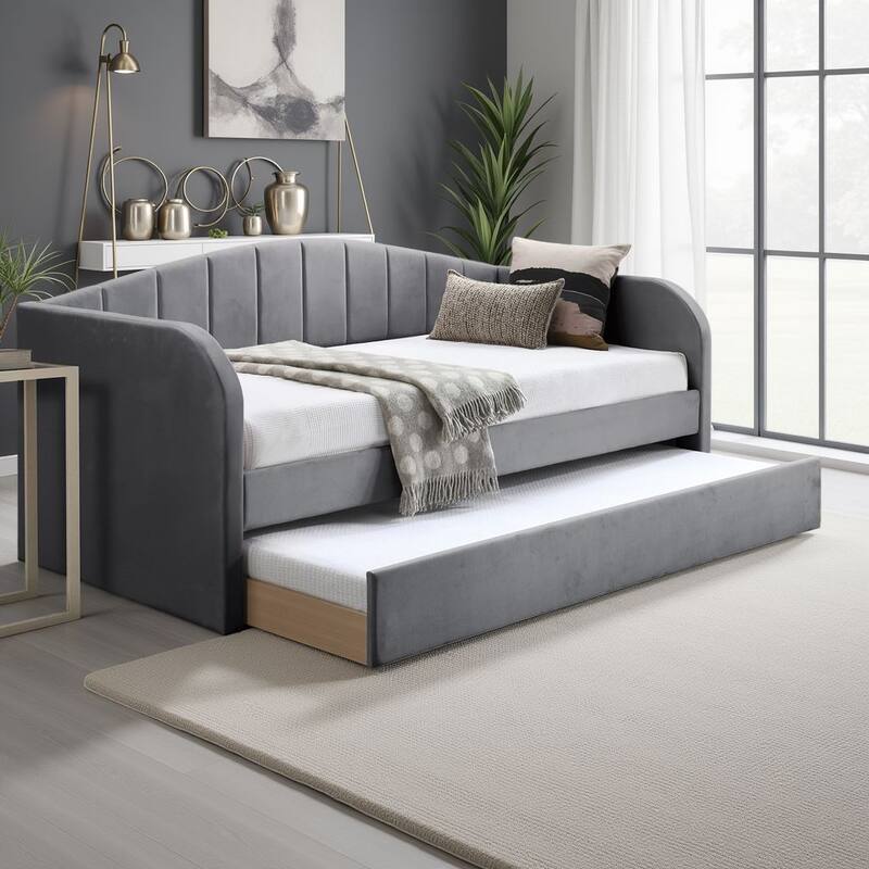 Keo Daybed with Pull Out Trundle, Channel Tufted Modern Gray Velvet