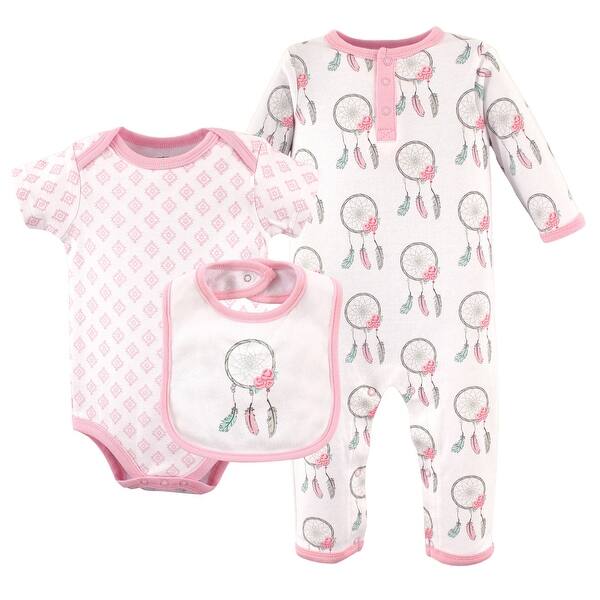 slide 1 of 1, Hudson Baby Infant Girl Cotton Coverall, Bodysuit and Bib Set 3pc, Dream Catcher 0-3 Months - Dream Catcher