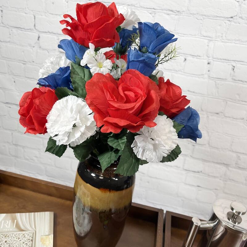 Artificial Spring Flower Bush 24 Stem Rose/ Carnation Mixed Bush, ABN1B018-RD-WT-BL
