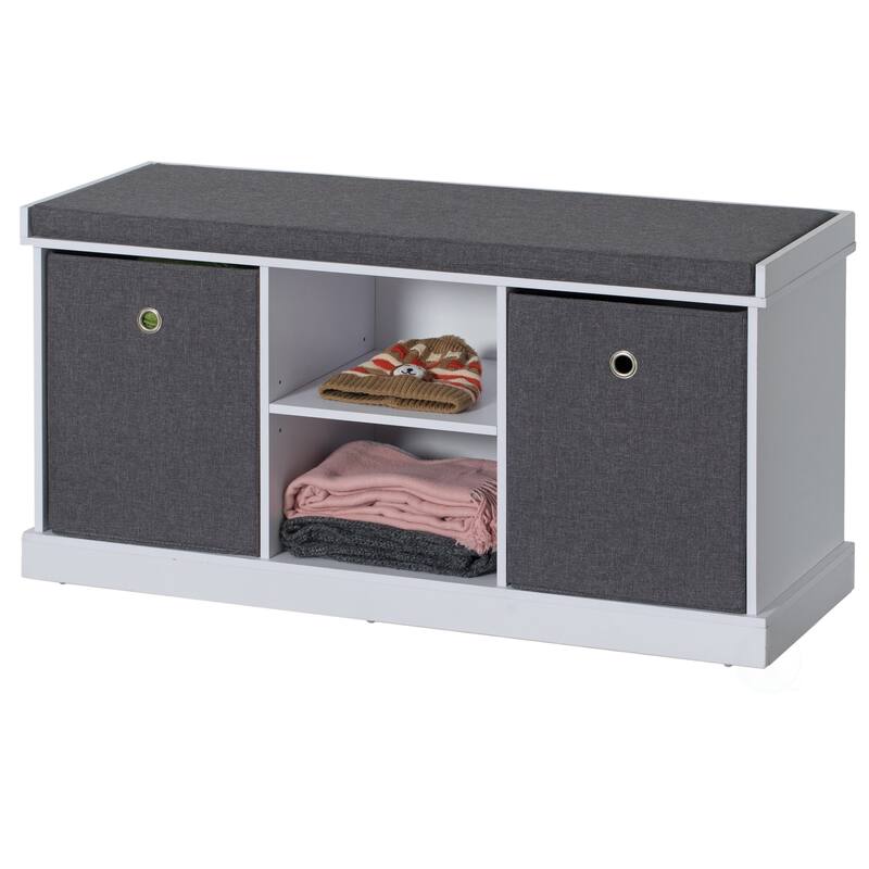 MDF Storage Box Shoe Bench with 2 Shelves, Foldable Baskets and a Gray Cushion, White - Grey