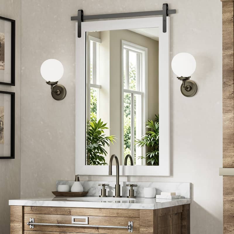 Farmhouse Barn Door Solid Wood Frame Bathroom Vanity Wall Mirror - 24W * 36H Inches - White