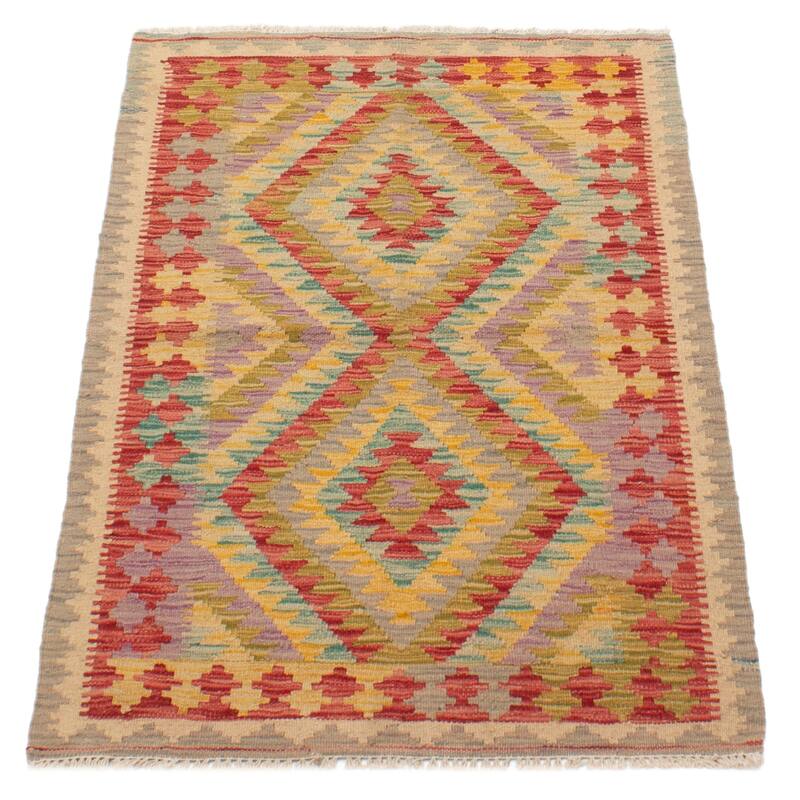 ECARPETGALLERY Flat-Weave Bold and Colorful Olive Wool Kilim - 2'9 x 4'5