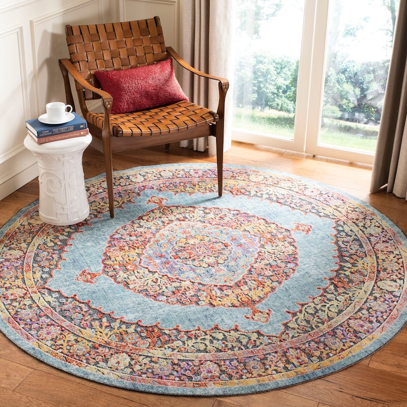 SAFAVIEH Provance Shelley Vintage Boho Oriental Rug - 6'7" Round - Aqua/Black