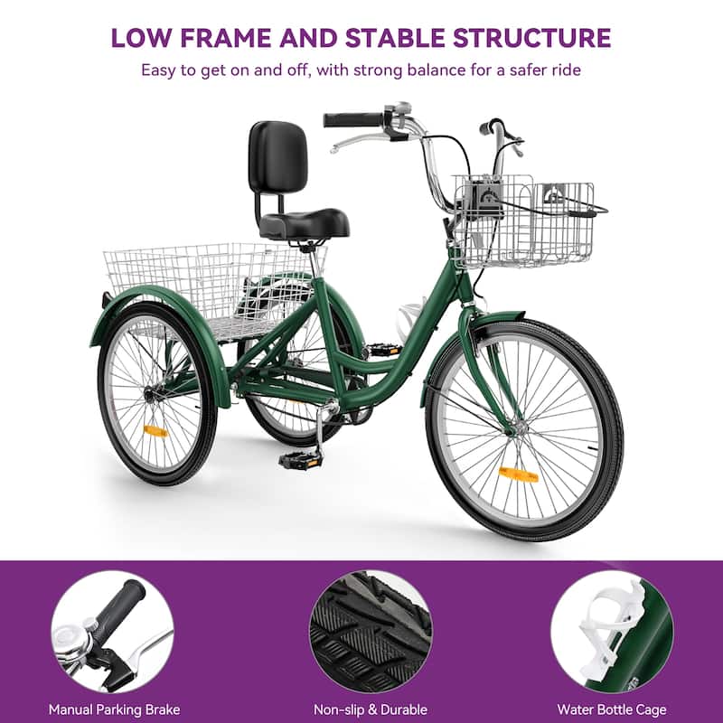 24" Matte Green Adult Tricycle 3 Wheel Bikes 1 Speed Trike Bike