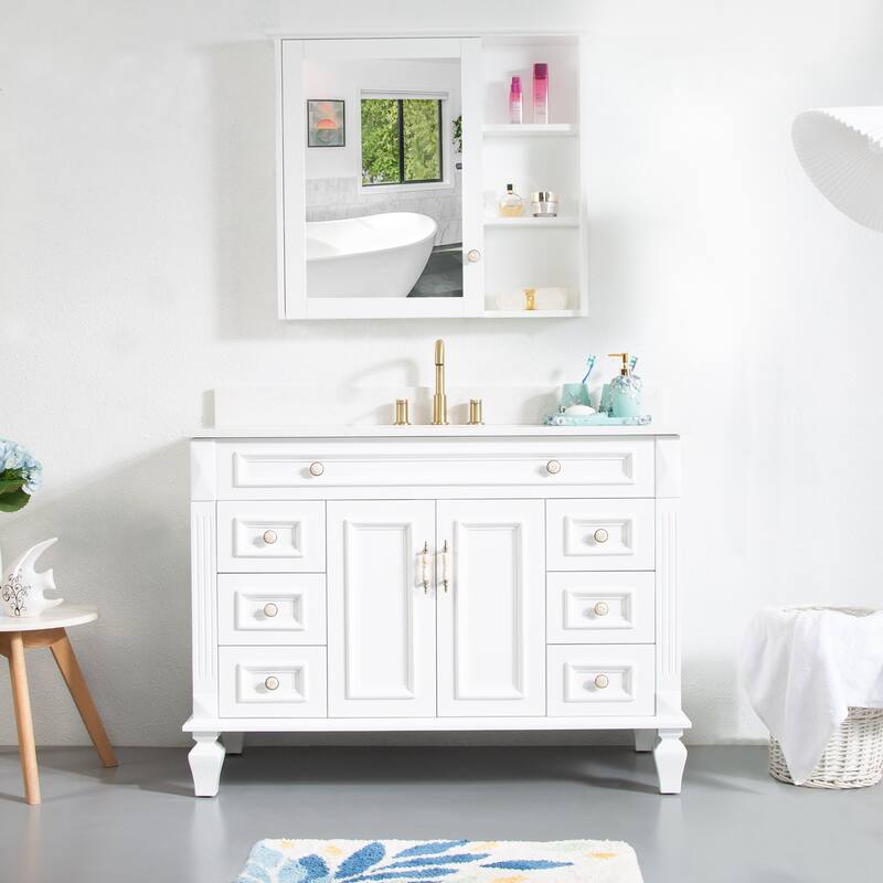 35'' H X48''W Solid Wood Bath Vanity with Stain-resistant Carrera White Quartz Top and Single Sink