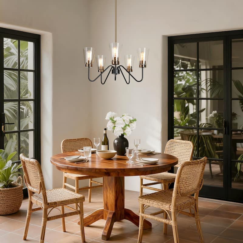 Ivelle Modern 5-Light Black Gold Wheel Chandelier Seeded Glass Pendant Lights for Dining Room - 22 “