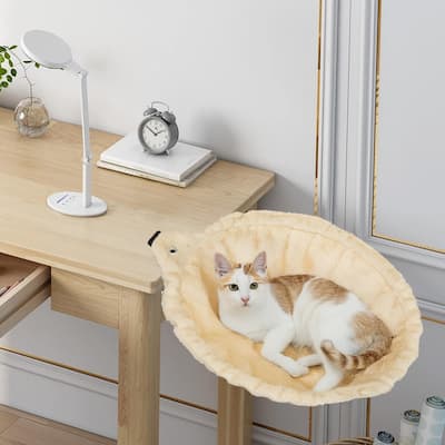 EROMMY 360° Rotating Cat Hammock - Adjustable Desk Bed for Cats Up to 50 lbs, Soft Plush & Iron Frame, Beige