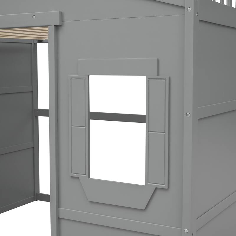 Full Size House Loft Bed, Wood House Bed Frame with Windows, Child Loft Bed with Ladder and Safety Guardrails