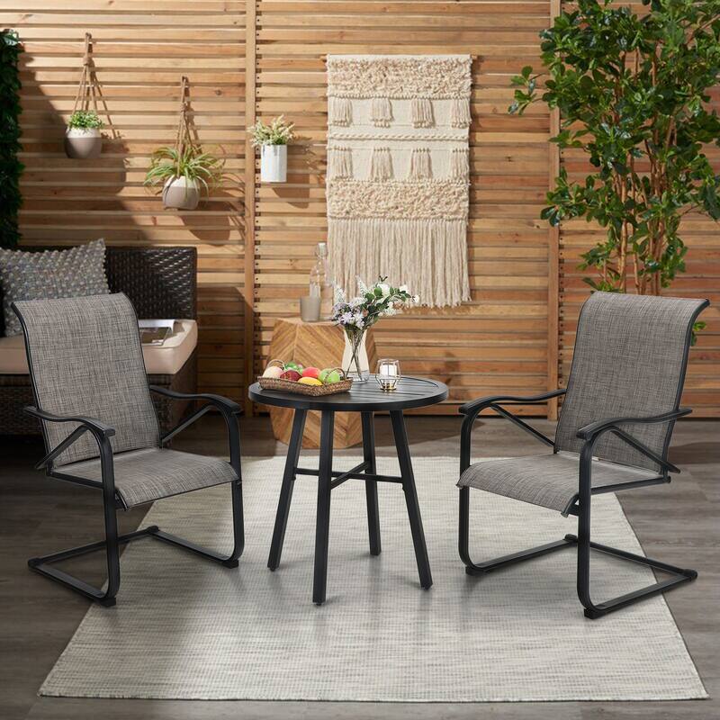 3 Piece Outdoor Bistro Dining Table Set, Round Slatted Metal Table & 2 Spring Motion Chairs - Tan