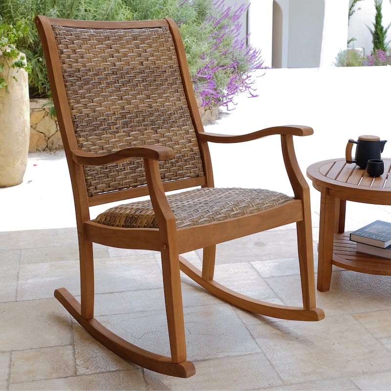 Cambridge Casual Camden 3-Piece Solid Teak Wood Outdoor Wicker Rocking Chair Set with Padded Woven Seat