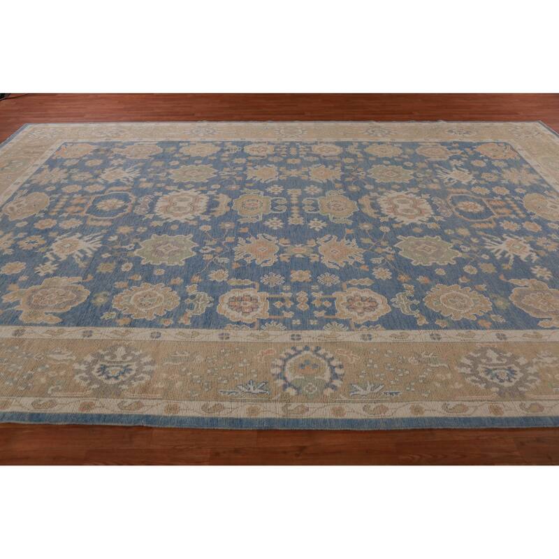 Hand Knotted Oriental 100% Wool Carpet Transitional All-Over Navy Blue & Blues Oushak Area Rug - 14' 8'' X 9' 8''