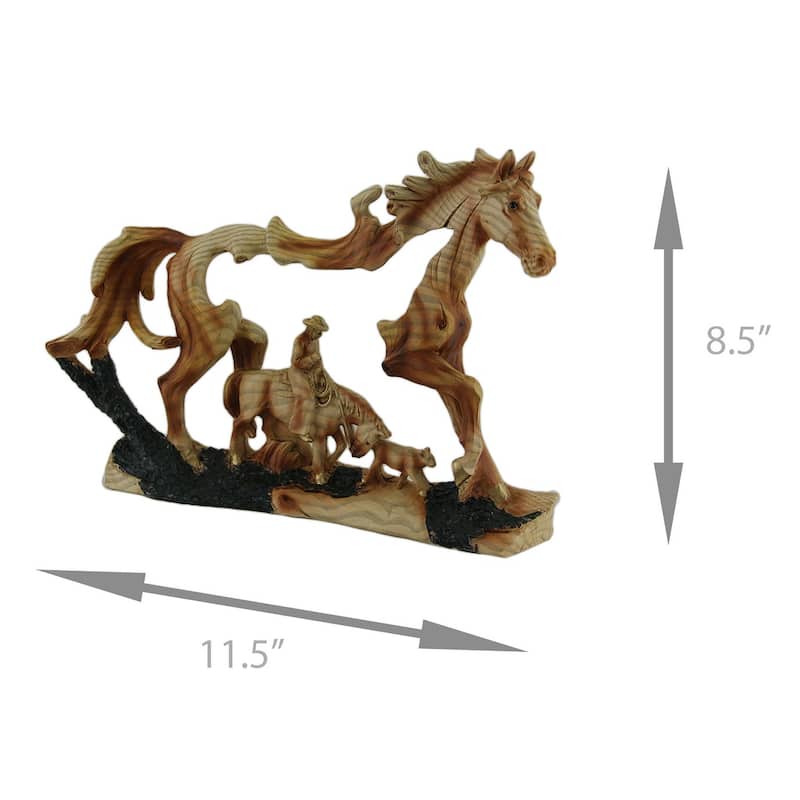 Horse And Cowboy Faux Wood Carving Resin Statue 11.5 Inches Long - 8.5 X 11.5 X 2 inches