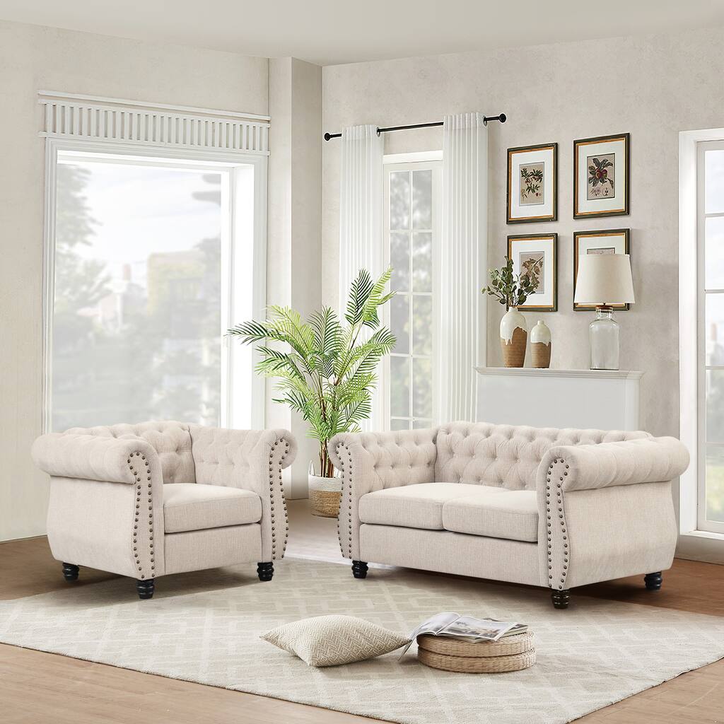 Morden Fort Chair, Loveseat 2-pcs Set Tufted Upholstered Chesterfield Furniture Set