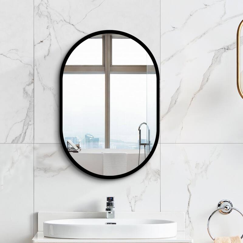 31X21 Inch Oval Black Metal Framed Wall Mount Bathroom Medicine Cabinet With Mirror