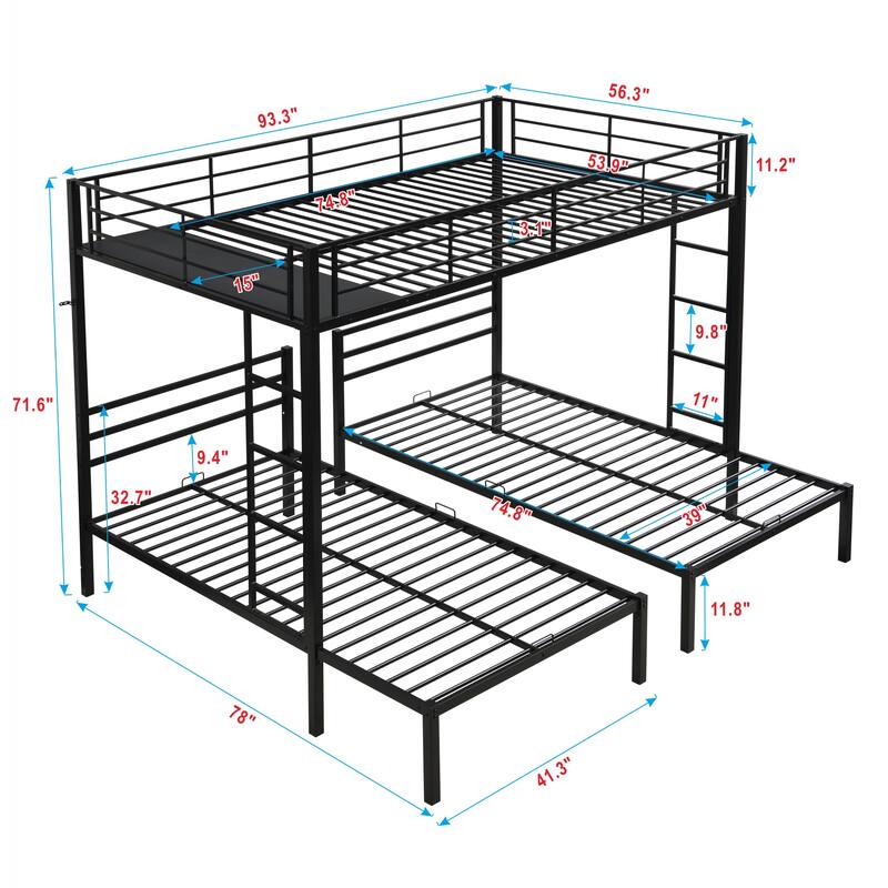 Full Over Twin Over Twin Triple Bunk Bed with Safety Rail & Storage Shelf