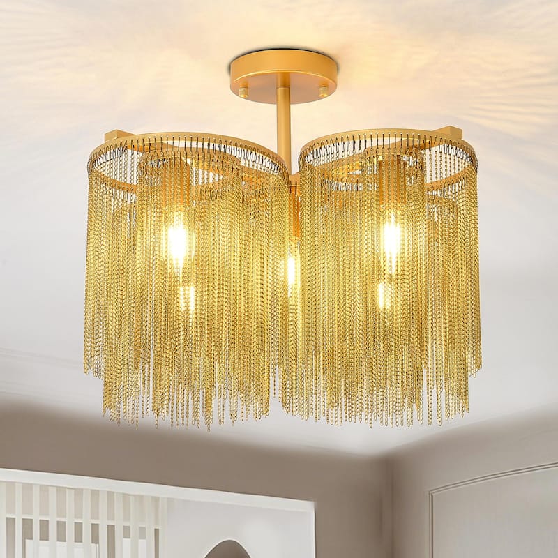 5-Light Glam Gold Fringe Semi Flush Mount Light - Brushed Gold - Brushed Gold