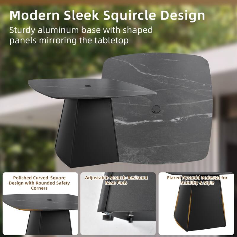 5-Piece Outdoor Pedestal Dining Set, 44" Rounded Square Sintered Stone Table with Flared Base and 4 Armchairs