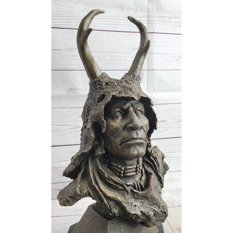 Native American Indian Shaman Man In Antler Headdress Bronze Sculpture Statue On Marble Base