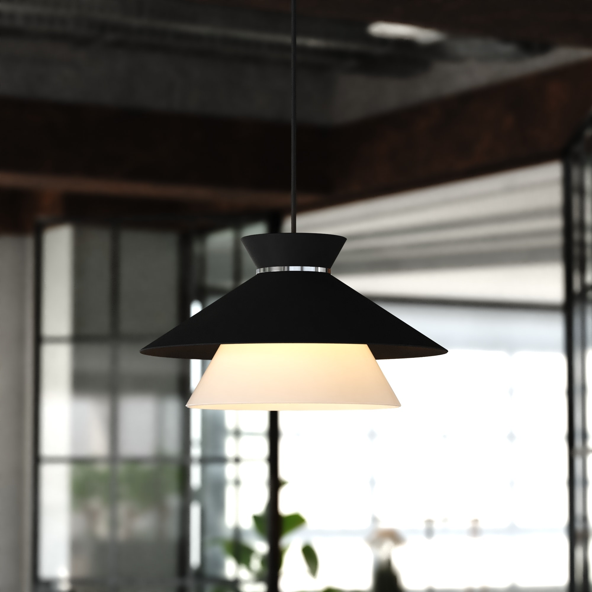 Loomis 1-Light Black Mid-Century Modern Pendant, White Glass Shade