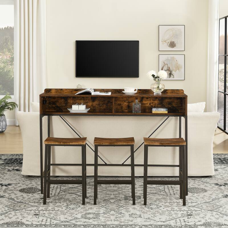 59" Sofa Side Table Bar Table with Charging Station, Console Table Dining Table & Chairs Set with Power Outlets - Brown