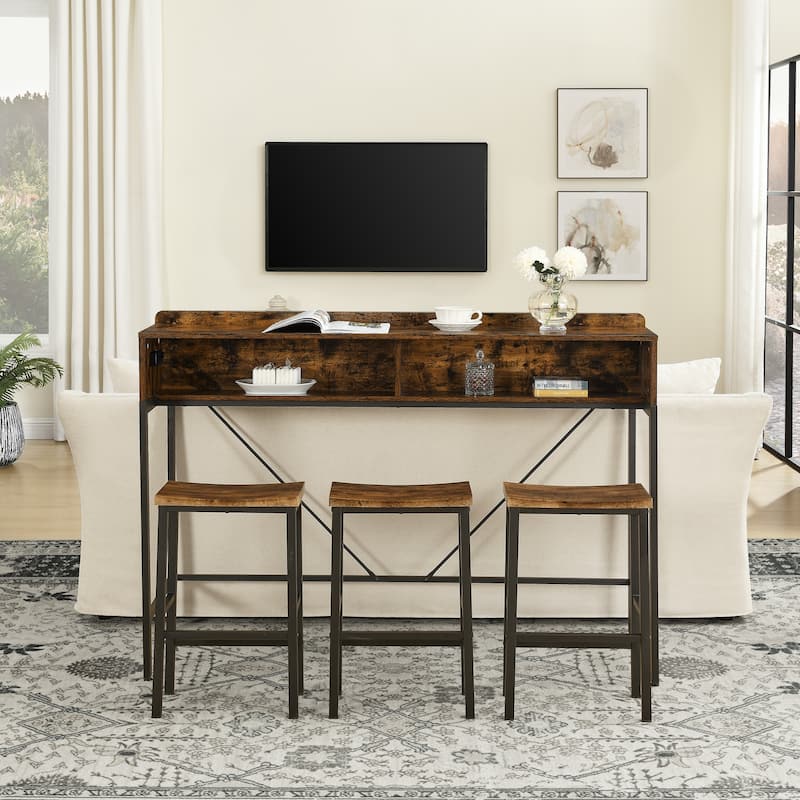 59 Inch Bar Table, Dining Table, Sofa Table with Power Socket and Led Light, 3 Saddle Stools, 4-Piece Bar Table and Chairs Set