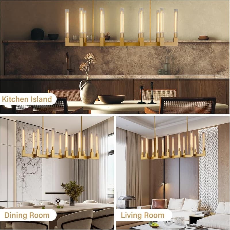 KAYLA 12-Light Candlestick Chandelier, Modern Chandelier with Glass Shade, Retangular Luxurious Ceiling Pendant Light - 54in