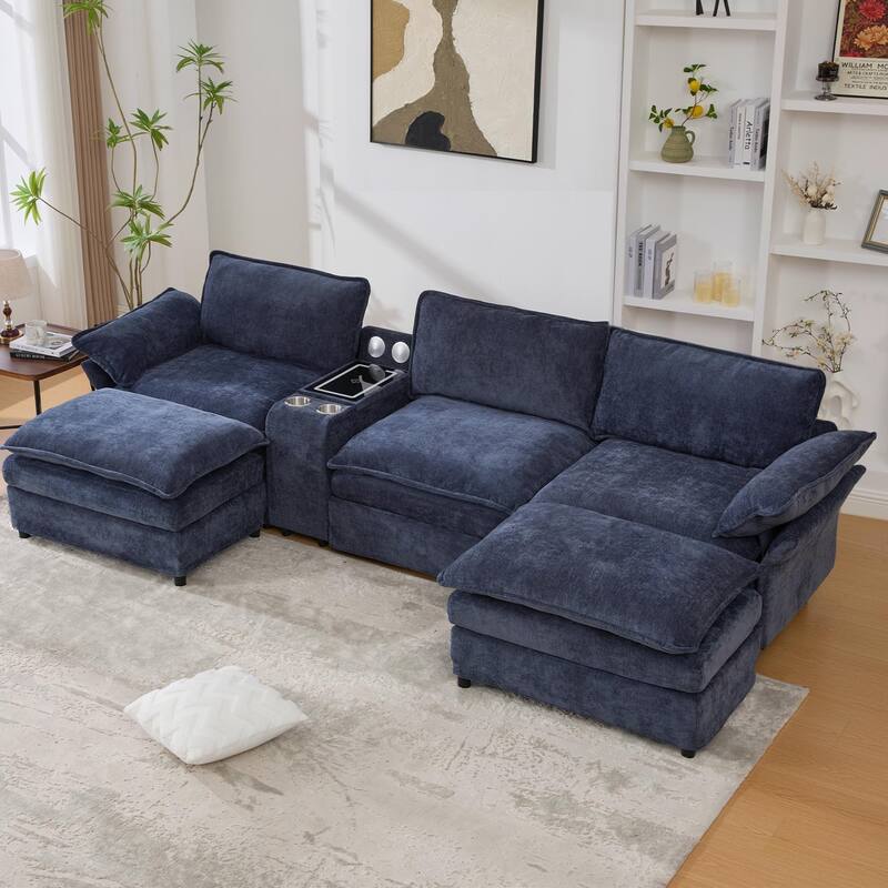 U Shaped Modular Sectional Sofa, Lounge Sofa with Storage Console & Wireless Charging, Sleeper Sofa with Movable Seat