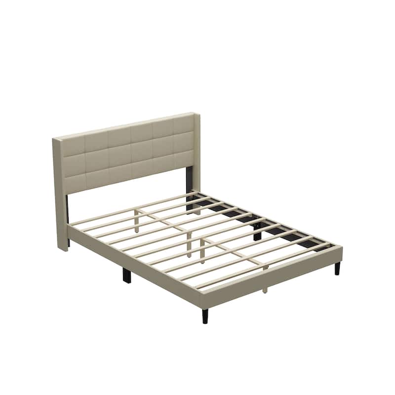Farmhouse Queen Bed Frame Upholstered Button-Tufted Headboard Beige