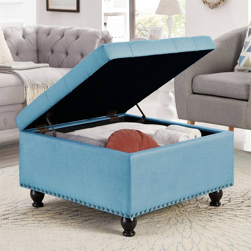 Large Square Storage Ottoman w/Wooden Legs,Upholstered Button Tufted