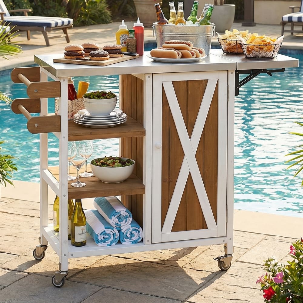 Foldable Outdoor Kitchen Island Cart with Lockable Wheels and Storage Cabinet