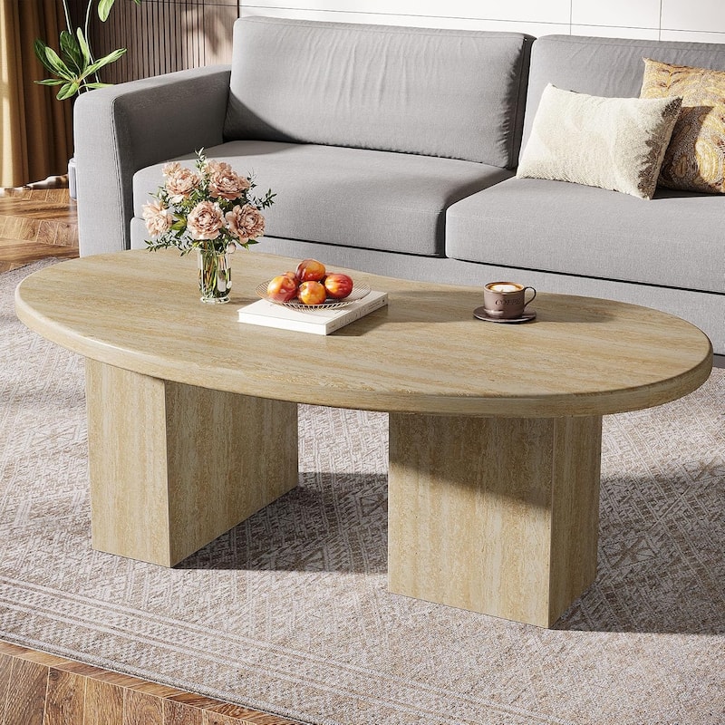 45 Inches Oval Coffee Table with Asymmetric Pedestal Legs for Living Room