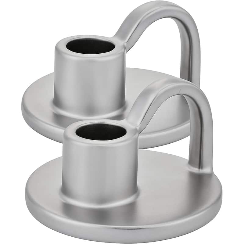 Titanium Silver Set of Two Elise Short Ceramic Candlesticks Aria Home - Silver