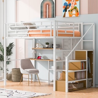 White Full Metal Loft Bed with Wardrobe, Desk & Storage Shelves