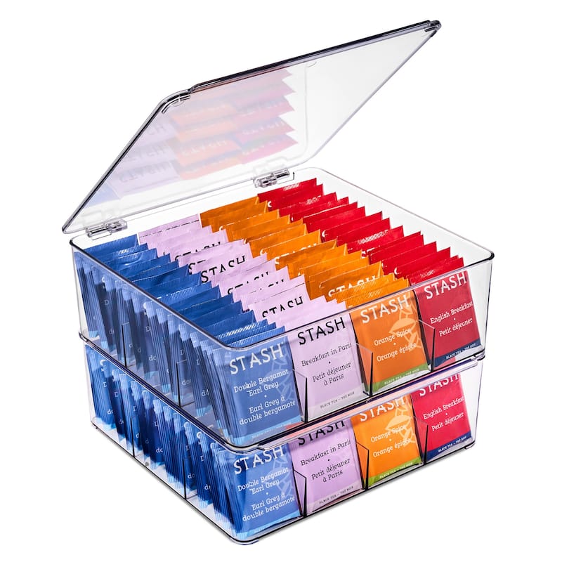 Sorbus Tea Bag Organizer, Stackable Tea Bag Storage Organizer with 12 Compartments and Hinged Lid - Set of 2 - Clear