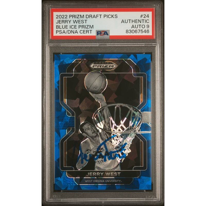 Jerry West 2022 Panini Prizm Blue Ice Signed Card #24 Auto Graded PSA 9 6/99 - 8'6" x 11'6"