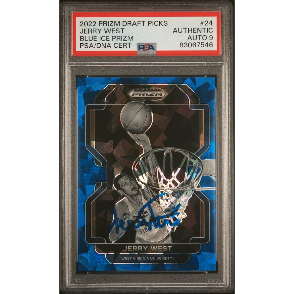 Jerry West 2022 Panini Prizm Blue Ice Signed Card #24 Auto Graded PSA 9 6/99 - 8'6" x 11'6"
