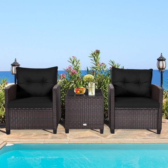 3 Pieces Rattan Patio Furniture Set with Washable Cushion - Chair: 26.5" x 26.5" x 30"