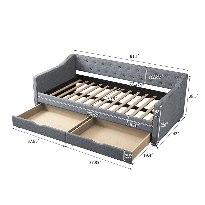 Linen Upholstered Daybed with 2 Drawers, Wooden Platform Sofa Bed Frame with Button Tufted Backrest, No Box Spring Needed